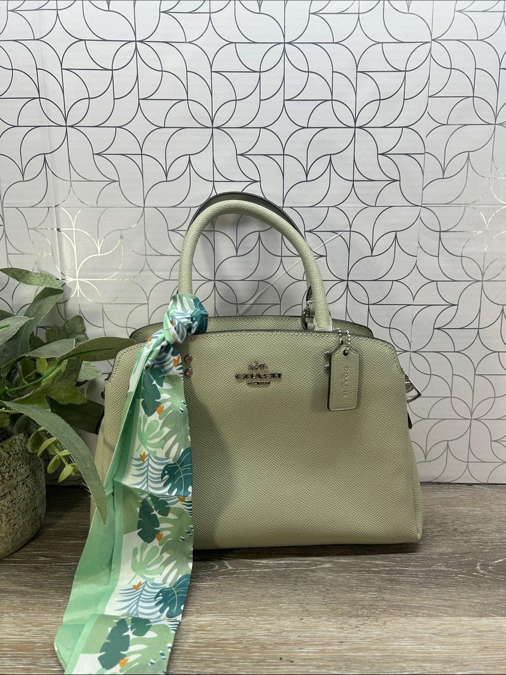 2542 Coach Sage Green Pebbled Leather Satchel with Printed Scarf 267082542
